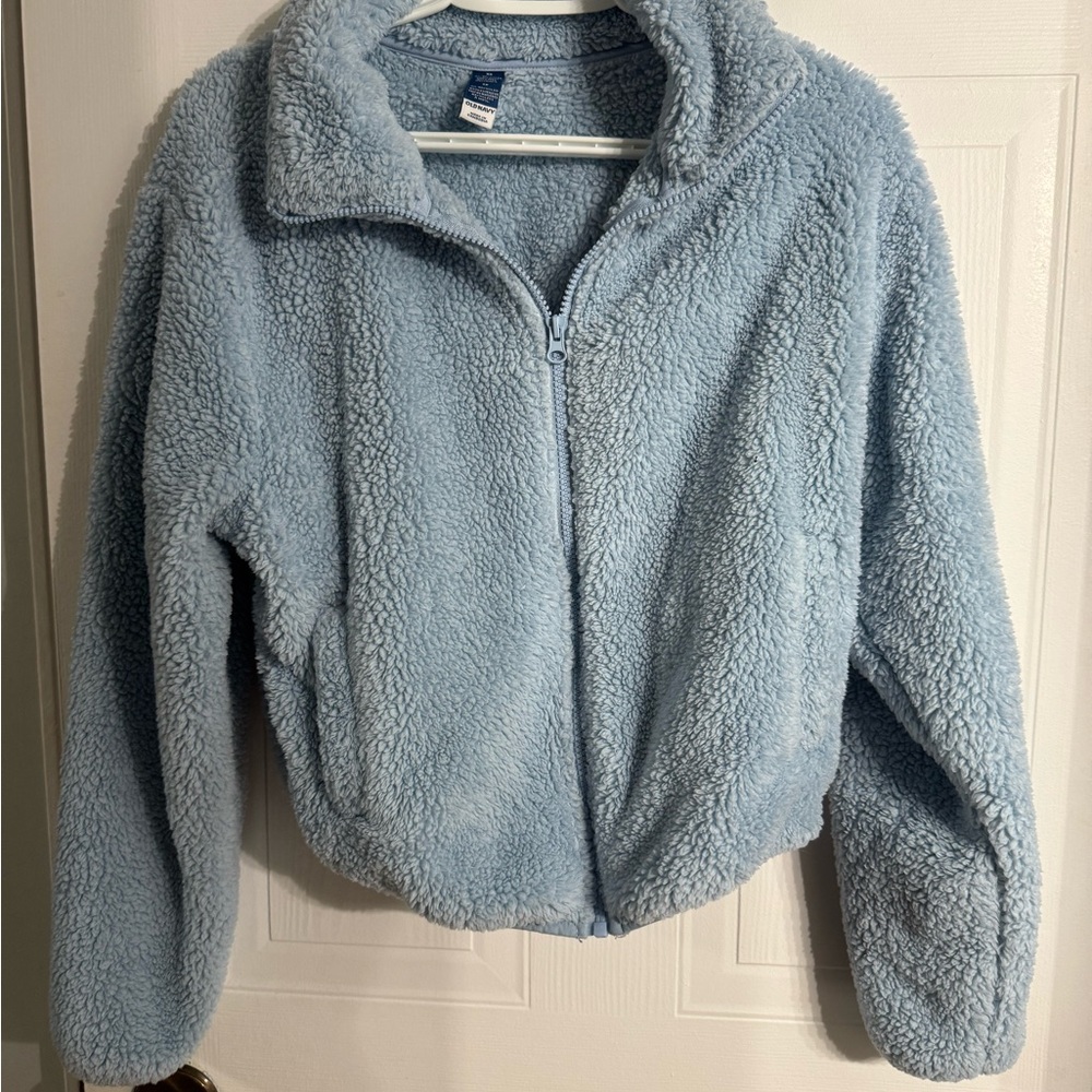 Blue Teddy Jacket with Sherpa Texture and Cropped Fit